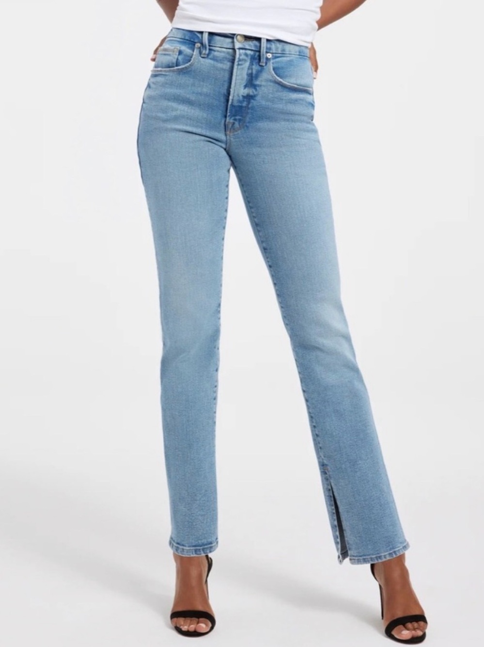 Good American Light Blue Straight-Leg Jeans with Hem Slit